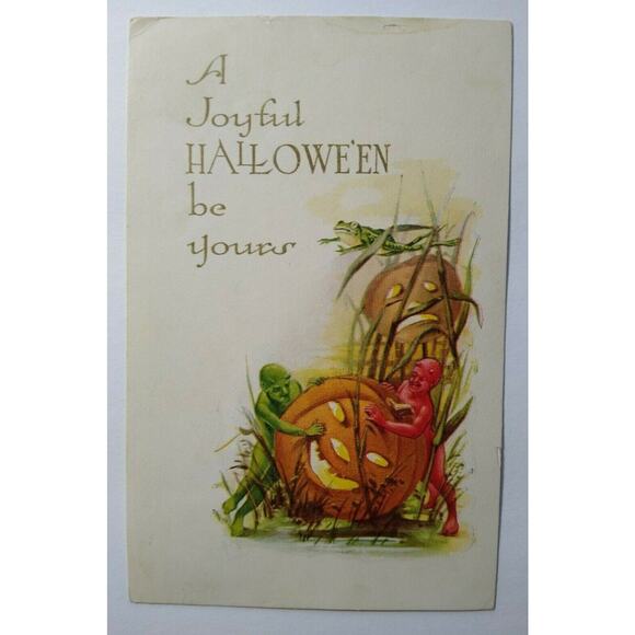 Halloween Postcard Fantasy Red & Green Devils In Swamp Frog Giant JOL Gibson - Picture 2 of 5